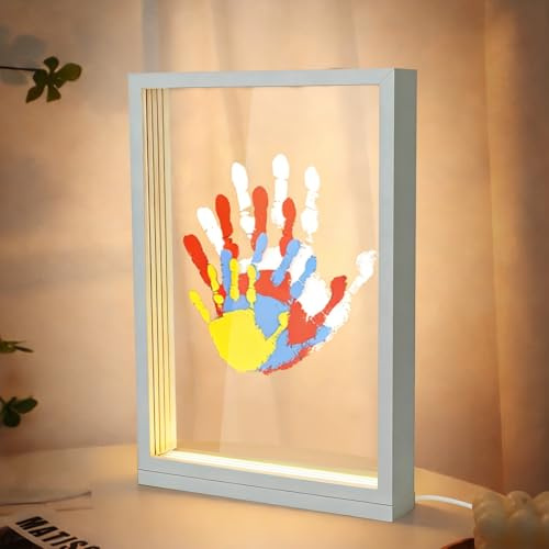 Kit familiar de huellas de manos – Juego de marcos de fotos LED con pintura alimentada por USB, marco de recuerdo de bricolaje, kit de adornos de impresiones a mano, herramientas de bricolaje para
