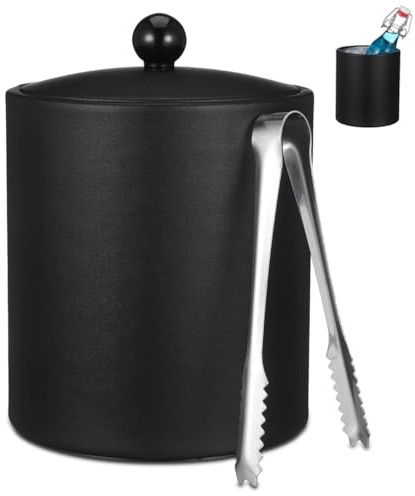 Baluue 18.5x14cm Stainless Steel Ice Bucket with Lid and Tongs - Black | Double Walled Insulated Sweat-Proof Wine Cooler for Home Bar Cocktail Parties