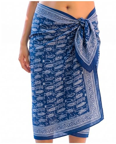 Mandala Life ART Blauer Pareo für Damen – Fischmuster, Bikini- und Badeanzug-Cover-up, Strand-Sarong, Wandtuch/Tapisserie, Glatte und seidige Baumwolle