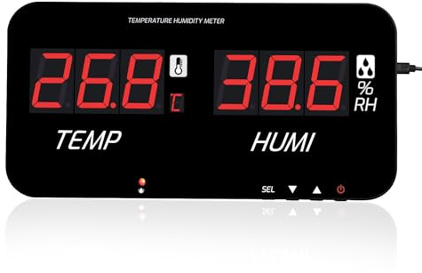 Thermomètre hygromètre numérique à grand écran LED, surveille température et humidité intérieures, alarmes sonores et visuelles réglables, sonde intégrée, USB-C, montage mural ou sur table. au bureau.