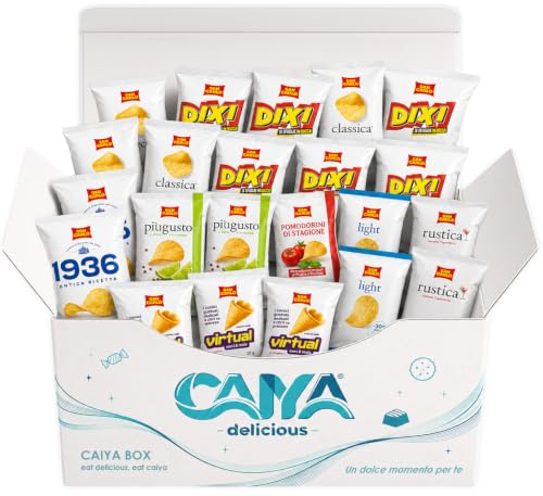 CAIYA BOX San Carlo Aperitivo da 20 Pezzi - Bustine Assortite da 20-25g - Patatine e Snack Monoporzione - Gusti Casuali tra Antica Ricetta, Classica, Dixi, Light, Più Gusto, Rustica e Virtual