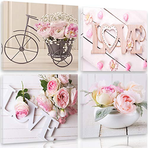 Feeby Bilder 4 Teile Love Rosen Blumen 60x60 cm Wohnzimmer Schlafzimmer Büro Flur Küche Wandbilder Modern Bild auf Leinwand Wanddekoration Kunstdruck Design Strauß Rustikal Rosa