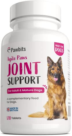 Pawbits 120 Adult Senior Dog Hip & Joint Supplements for Older Mature Dogs. High Strength Green Lipped Mussel Supplement for Elderly Dogs with Stiff Joints - Glucosamine, Vitamin C & E