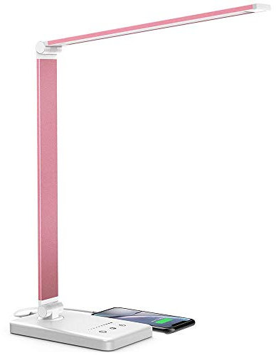 Daover Lampada da Scrivania LED, Lampada da Tavolo, 5 Modalità Colore, 10 Luminosità Dimmerabili, Funzione di Cronometraggio, Tocco-Controllo, Ricarica USB per Smartphone-Rosa