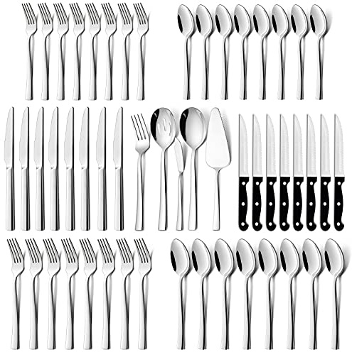 HaWare 53-Piece Silverware Set with Steak Knives, Stainless Steel Sturdy Flatware Serving Utensils, Modern Design Cutlery Tableware for Home Holiday Gift, Dishwasher Safe-Servive for 8