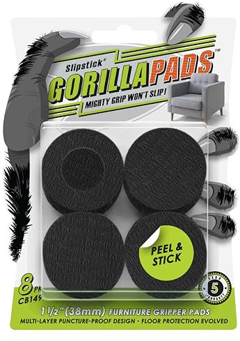 Slipstick GorillaPads CB149 Non-Slip Furniture Pads/Rubber Grippers (Set of 8) Self-Adhesive Furniture Feet Floor Protectors, 38mm Round, Black