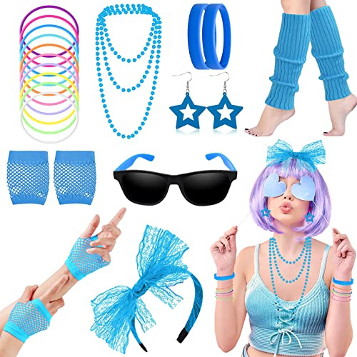 Beamely 80er Jahre Fancy Kleid Kostüme Zubehör, 80er Jahre Stil Kleider Party Sets für Frauen,Neon Beinwärmer Halsketten Armband Fischnetz Handschuhe Bogen Stirnband Ohrringe Sonnenbrillen-5