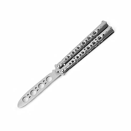 Norhogo Butterfly Trainingsmesser mit stumpfer Klinge, klappbarer Trainer, Vollstahlklinge stumpf 100% sicher, für Training, Geschicklichkeit (Silber)