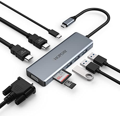 HOPDAY USB C Hub, 9 IN 1 USB C Docking Station Triple Display USB 3.0 Hub mit 2 HDMI,VGA,3 USB 3.0,100W PD,SD/TF Card Reader für MacBook Pro/Air, Surface Pro 7