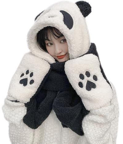 TINAYAUE 3 in 1 Hat Scarf and Gloves Set - Cute Panda Winter Warm Thick Plush Hooded Hat With Pocket Mittens - Windproof Beanie Neck Warmer for Women Girls - Fluffy Cosplay Headwear