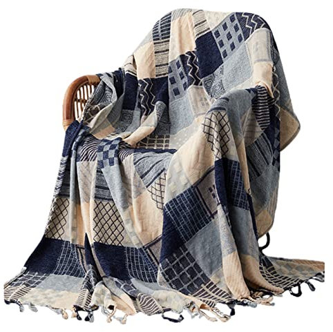 MRBRON Boho-Decke mit Fransen Gewebte Tagesdecke im Europäischer Stil Chenille Strickdecke Doppelseitig Kuscheldecke Bettüberwurf für Zuhause,Büro,Reisen, Zelten (Blau A,220X250cm)