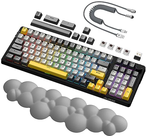 A.JAZZ AK992 GASKET Hotswap Mechanical Keyboard&Ergonomic Cloud Wrist Rest | 4000mAh, 2.4GHz/BT5.0/USB-C Coiled Cable, 99 Keys PBT Keycap Chroma RGB Gaming Keyboard with Volume Knob, Grey/Brown Switch