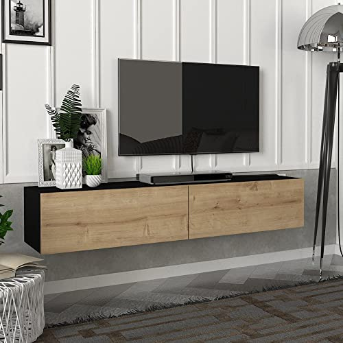 [en.casa] Mueble TV Toivakka Diseño Flotante Mesa TV Suspendido con 2 Compartimientos 2 Puertas Abatibles Máx. 28 kg Aglomerado 135 x 31 x 25 cm - Negro/Roble