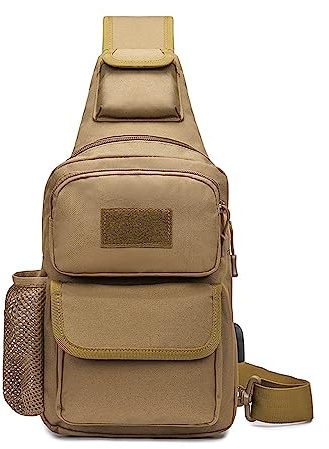FANDARE Taktisk bröstväska, militär, axelväska, sling-väska, män, kvinnor, axelväskor med USB-laddningsport, axelväska, crossover ryggsäck för resor, vandring, crossbody pack, BRUN, L, Axelrem