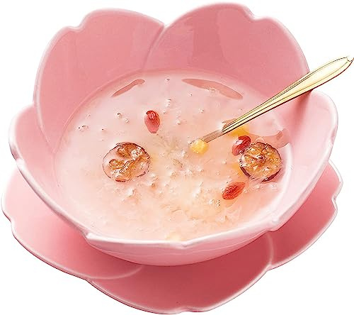 KKGUD Süße Keramik-Servierschüssel mit Untertasse und Löffel, 15 cm, Kirschblütenform, 450 ml (Rosa)