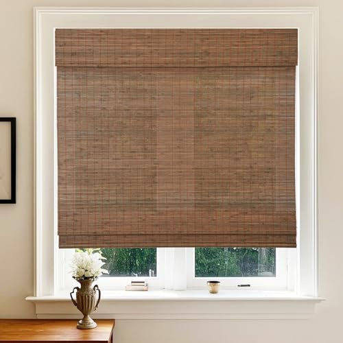 Letau No Drill No Tools Wood Cordless Window Shades Blinds, Bamboo Light Filtering Custom Roller Shades, Pattern 14
