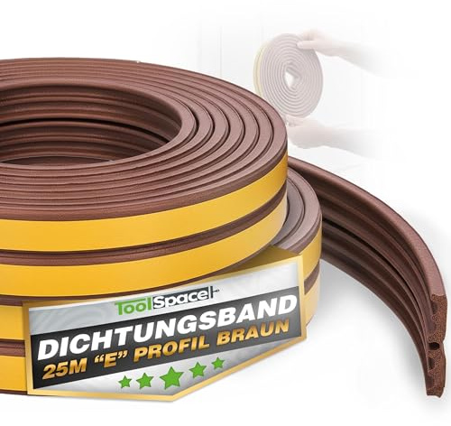 ToolSpace Türdichtung Selbstklebend Dichtungsband Dichtungsgummi Door Sealing Strip E Profil Braun Gummidichtung für Fenster & Türen 25M Fensterdichtung Anti-Kollision Gummi Schaum Schaumstoffband