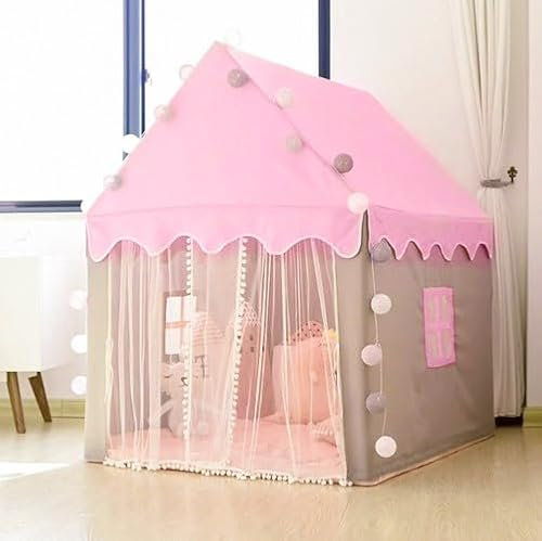 KRUZZEL Kinderzelt – Rosa Prinzessinnenhaus 130 × 100 × 115 cm mit 3 m LED – Lichterkette – Faltbares Spielhaus für Kinderzimmer und Garten Spielzelt Schloss für Mädchen – Indoor & Outdoor