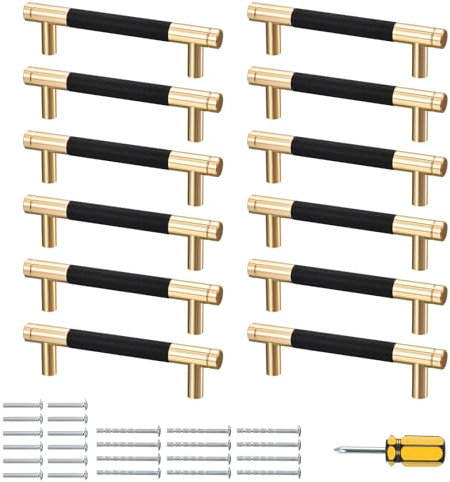 sourcing map 12 Pcs Möbelgriffe Profilgriff Schrankgriffe Aluminium Schubladengriffe Küchengriffe mit Schrauben für Kleiderschrank Tür Schubladen, Gold Schwarz