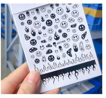 Generic Happy Emoticons Fire Flame Flowers Nail Decal Sticker Xh774Sa Black Nail Wraps Art Stickers Manicure Supplies for Women for Home Nails Full Long Lasting Easy Apply and Remove