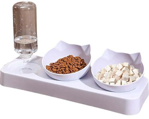 3-In-1 Cat Food And Water Bowl Set, Cat Bowls with Stand, Double Cat Bowls with Water Dispenser, Food And Water Feeder for Small Medium Dogs Cats