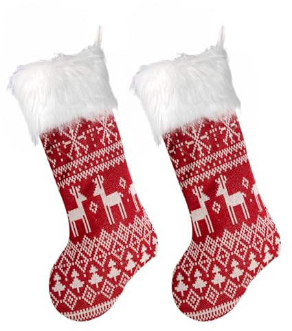 climafusion 2 Stück Nikolausstrumpf Gestricktes Design, Weihnachtsstrumpf 48cm groß, Nikolausstiefel zum befüllen, Deko Weihnachten Kamin Weihnachtsbaum, Elch