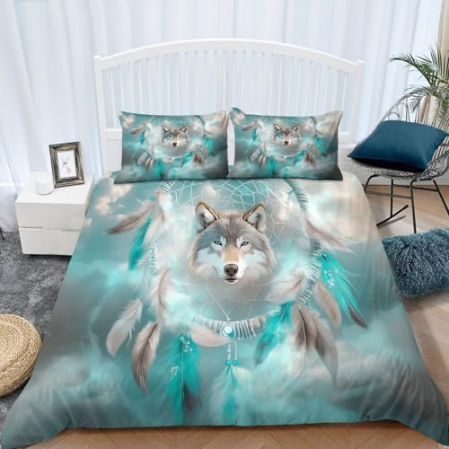 Bettbezug Bedruckt Bettwäsche-Set 155 × 220 cm, Drucken Bettbezug Fantasie-TraumfäNger Bettwäsche-Set auf Weiches Mikrofaser-Baumwolle 1 Bettbezug Grau GrüN und 2 Kissenbezug