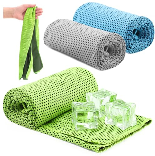 com-four® 3X Asciugamano rinfrescante - Asciugamano rinfrescante per Calore, Stanchezza, Sforzo, Sport (3X Panno - Blu/Verde/Grigio)
