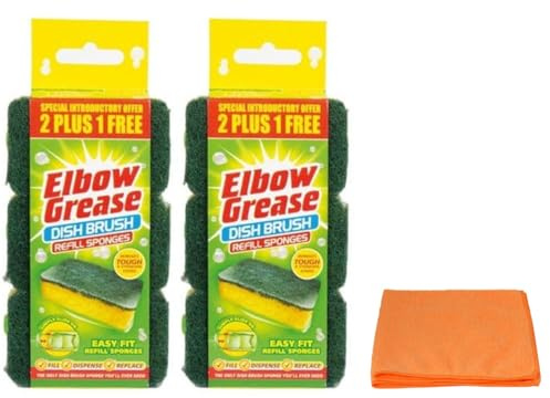 6X Elbow Grease Washing Up Brush Refills Sponges - For Tough and Stubborn Stains -with Ultra Absorbent Microfibre Cleaning Cloth