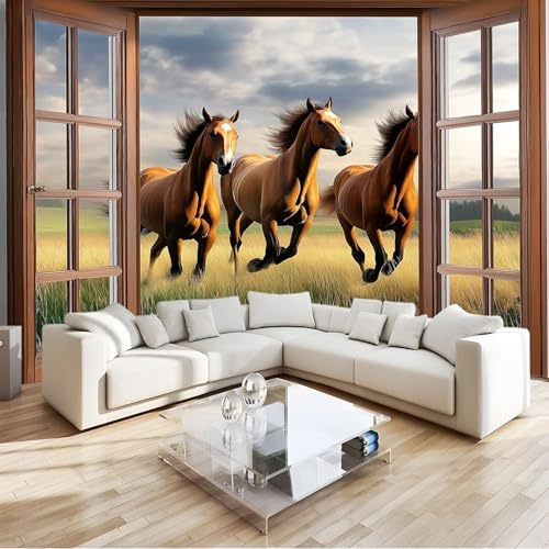 Papel Pintado Pared Panorámico Fotografía Ventanas Caballos 250 x 175 cm Fotomurales No Tejido, Murales Decoración de Pared, Póster Gigante de Pared Personalizado 3D Para Salón Dormitorio