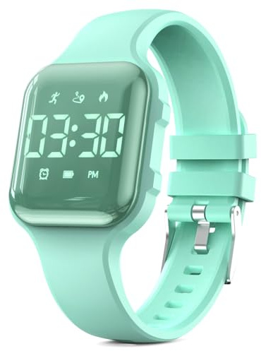 Focwony Montre numérique LED multifonction pour enfants avec podomètre, chronomètre, réveil, calories pour femmes, enfants, filles, garçons (vert galvanisé)