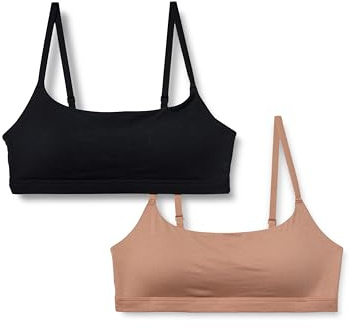 Amazon Essentials Women's Cotton Jersey Adjustable Scoop Bralette, Pack of 2, Black/Washed Bronze, Large