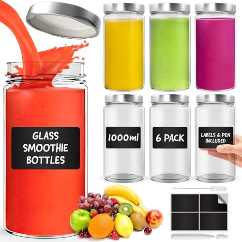 Frascos de Vidrio con Tapa 1000 ml - Paquete de 6, Botellas de Vidrio a Prueba de Fugas con Tapa para un Cierre Hermético, Botella Ideal para Batidos, Malteadas, Salsas, Conservación de Alimentos, Jug
