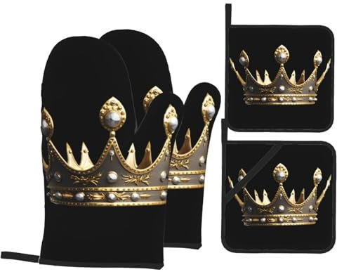 Mitaines De Cuisine L'Impression De La Couronne du Roi Professionnel Baking Gloves Anti Chaleur Maniques Cuisine pour Grillade Barbecue Femmes,4 Pièces