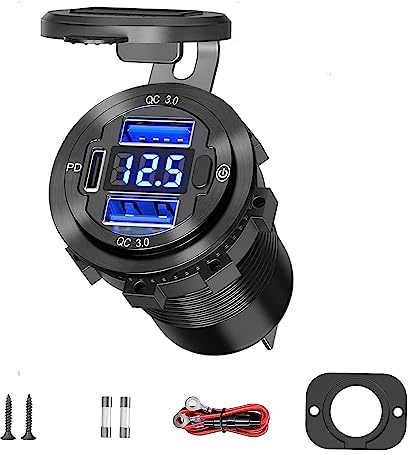 72 W Sortie USB 12 V 5 en 1 Prise de chargeur de voiture avec interrupteur marche/arrêt LED Voltmètre 3 ports de charge pour camping-car, bateau, véhicule marin