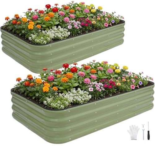 INNO STAGE Adjustable Raised Garden Bed, 150 x 90 x 30cm Metal Planter Boxes Outdoor for Growing Vegetables,Herbs,Flowers Steel Plant Raised Garden Bed Kit - OliveGreen 2Pack