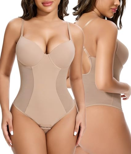 SHAPERIN Donna Body Modellante con Reggiseno Integrato Shapewear Bodysuit Guaina Contenitiva Senza Schienale Body Snellente Beige Small