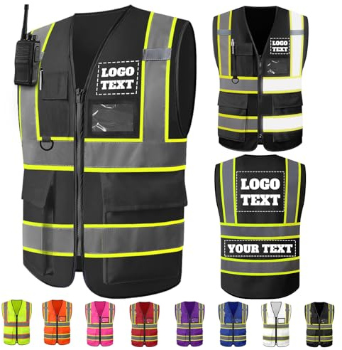 Akmxem Warnweste Aufdruck mit Text Logo Personalisierte Sicherheitswesten mit Reißverschluss Taschen Arbeitskleidung