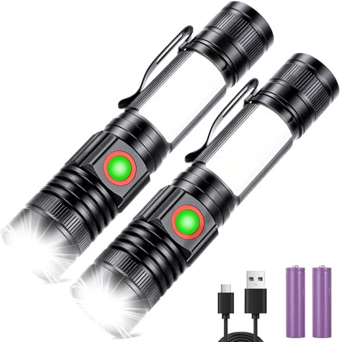 Cexovo 2 Stück LED-Taschenlampen, Extrem Helle, 2000 Lumens | mit 4 Lichtmodi, Magnetisches COB-Arbeitslicht, Zoombar, Stoßfestes Aluminiumgehäuse, Wasserdicht, für Camping, Notfall