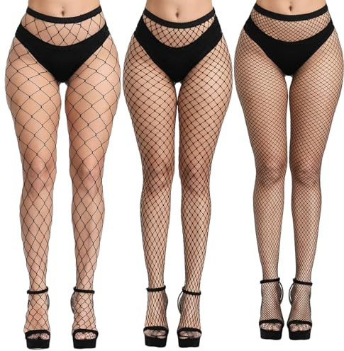 Morcheiong 3 Pack Negro Medias de Rejilla Para Mujer, Cintura Alta, Pantimedias de Rejilla
