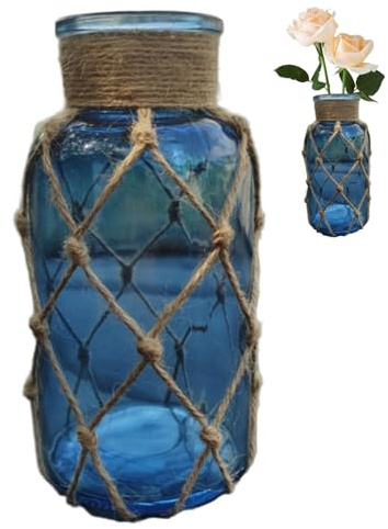 Jarrón De Vidrio Azul De 16 Cm De Alto con Red De Cuerda Creativa Botella De Vidrio Decorativa Rústica para Decoración Moderna del Hogar O Boda.