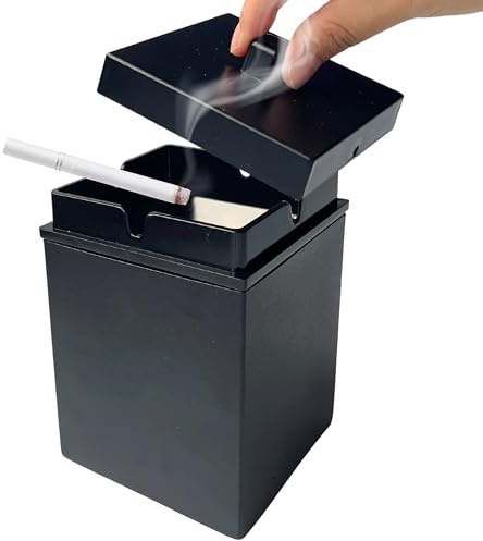 Ash Tray with Lid for Outside Patio, Windproof Smokeless Ashtray for Outdoor Home Office Balcony, Stainless Steel Smokeless Ashtrays for Cigar, Large (Black)