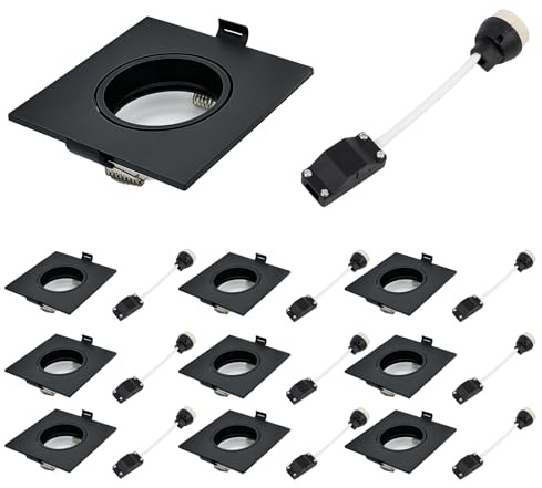 Einbaustrahler Rahmen GU10 Set, 10x Einbaurahmen Schwarz Eckig inkl. GU10 Fassung, Schwenkbar Einbauspots Rahmen Fassung für Halogen Einbauleuchten Lochdurchmesser 68-80mm für LED Halogen Leuchtmittel