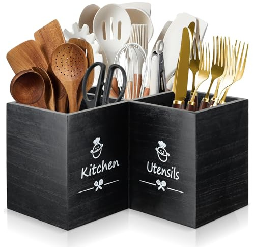 Voency Kitchen Utensils Holder with 3 Compartments,Wooden Cooking Tools Storage for Countertop, Corner Utensil Caddy,Wooden Utensil Organizer for Kitchen Countertop, Farmhouse Decor- Black