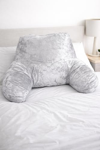 L S U Crushed Velvet Reading Pillow with Arms – Supportive Lumbar Back Cushion for Sitting Up in Bed, Sofa, Gaming & Relaxation (silver)