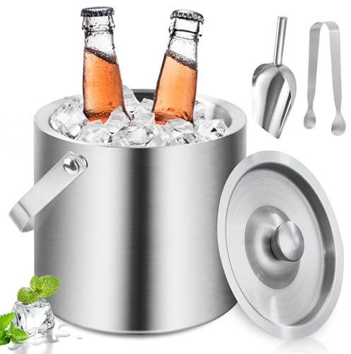ADEMOKE 3L Eiswürfelbehälter mit Deckel, Edelstahl Eiswürfelbehälter Doppelwandig Isoliert, Eiskübel mit Deckel, Eisbehälter mit Eiszange und Schaufel für Bar Party Zuhause