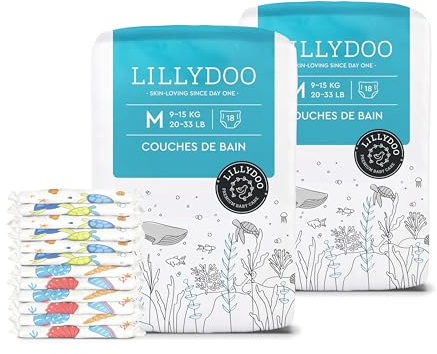 LILLYDOO Baby Einweg-Schwimmwindeln,Größe M (9+ kg), 2 Packungen (36 Stück) | mit zwei Unterwasser-Designs Shell Yeah & Tiny Turtles, hautfreundliche Windeln für sicheren Schutz im Wasser
