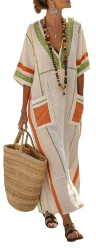 Dresses for Women UK - Summer Elegant Cotton Kaftan Boho Vintage V Neck Maxi Dress Plus Size Kaftan with Pockets Oversized Flowy Dresses Breathable Lightweight Outfit Beach Sundress