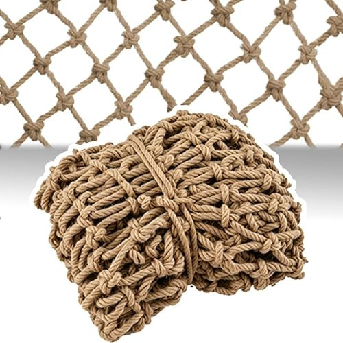 ZHCPDM Rete di Sicurezza in Canapa 8mm Maglia 12x12cm,Rete di Corda(1 * 1m) | Rete Anticaduta per Bambini Robusta, Resistente alle Intemperie, per Balcone Scale Giardino Parco Giochi e Arrampicata