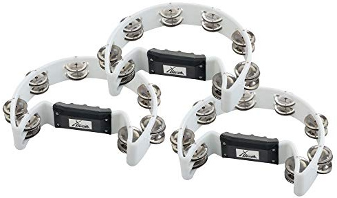 3er Set XDrum Hand Tambourin Halbmond Form (Tambourine, 16 Paar verchromte Stahl-Schellen, Kunststoff) weiß